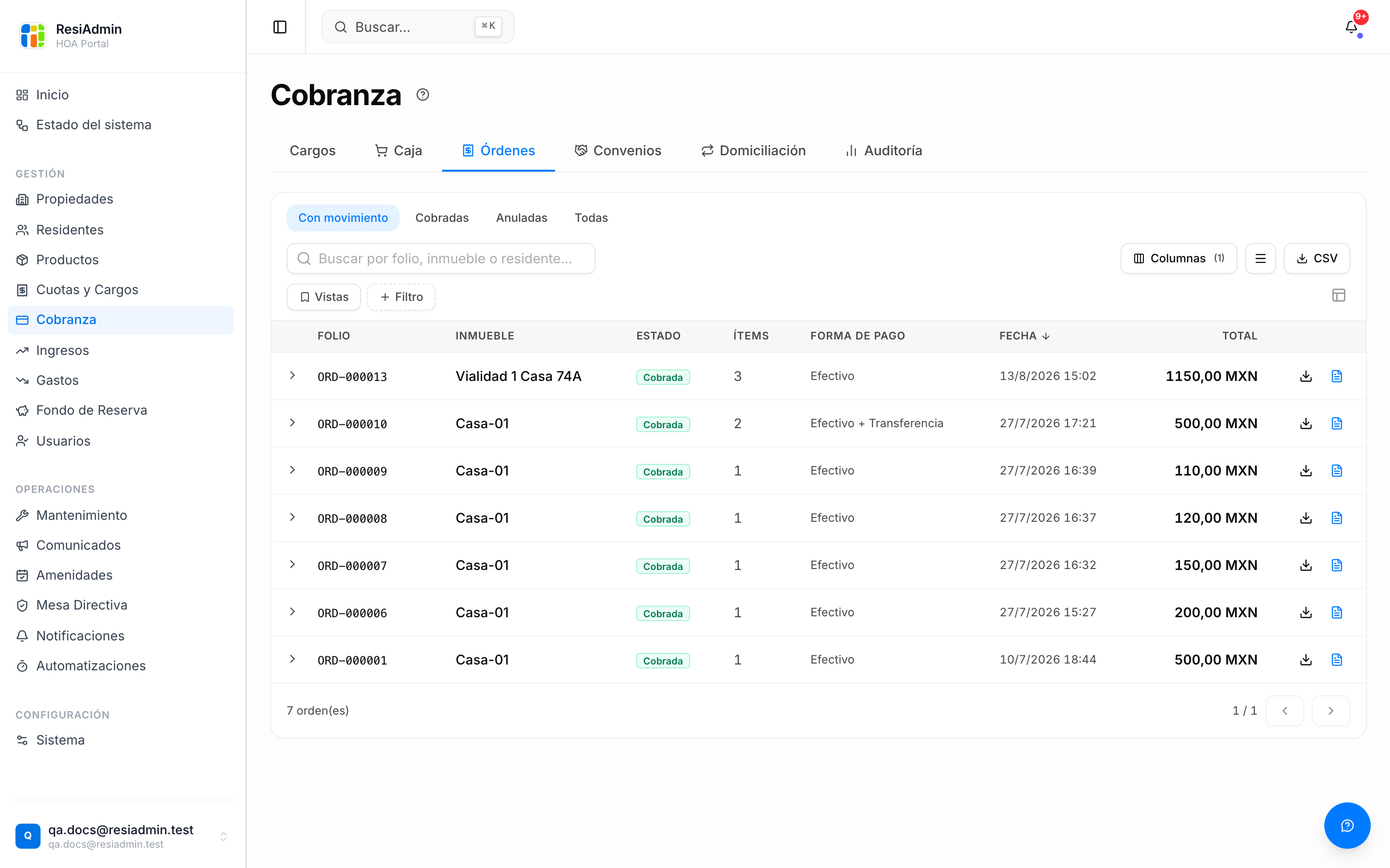 Órdenes de caja en ResiAdmin: folios, estado cobrada, forma de pago y total por orden