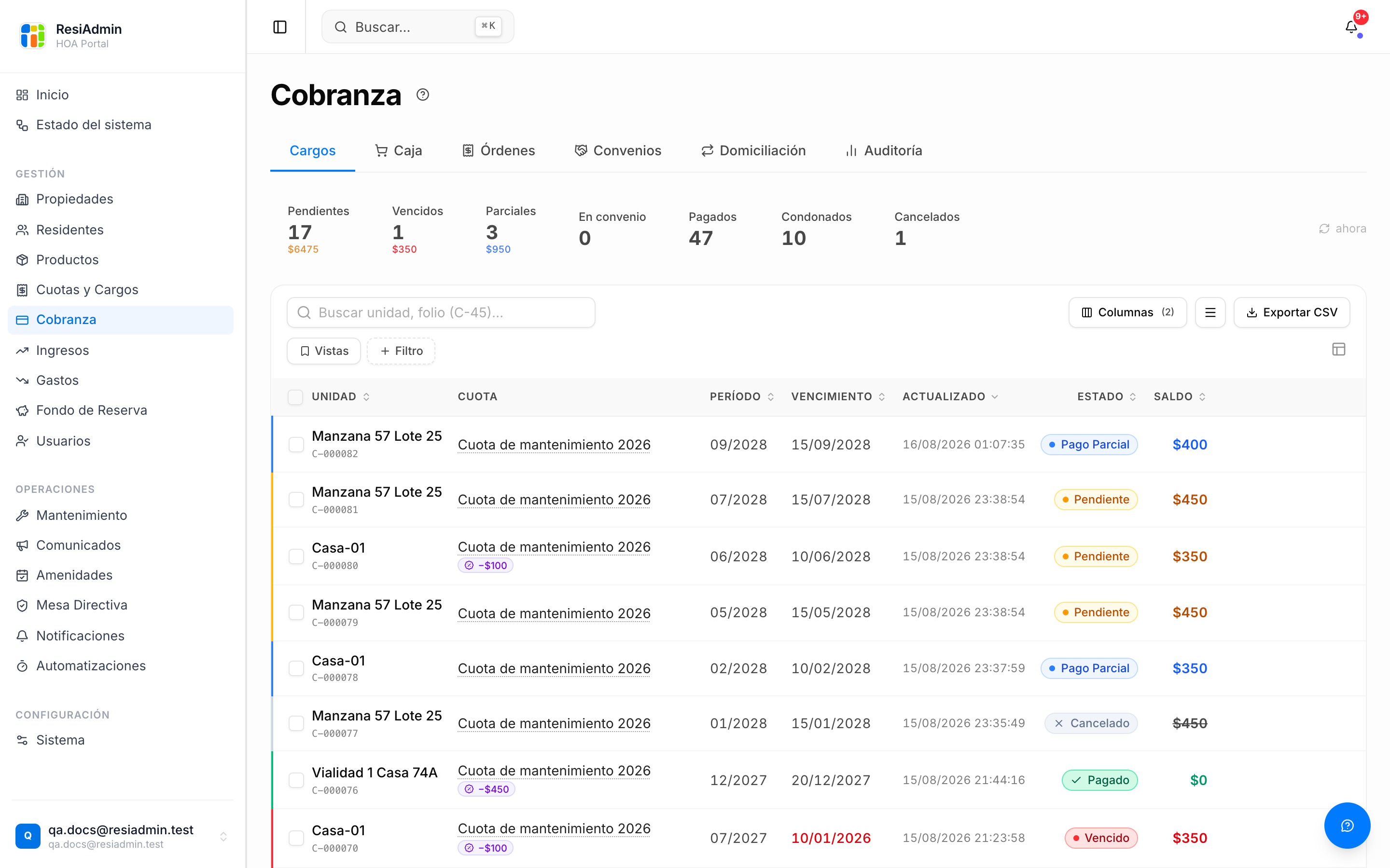 Pantalla real de cobranza en ResiAdmin: lista de cargos con estados, saldos y descuentos