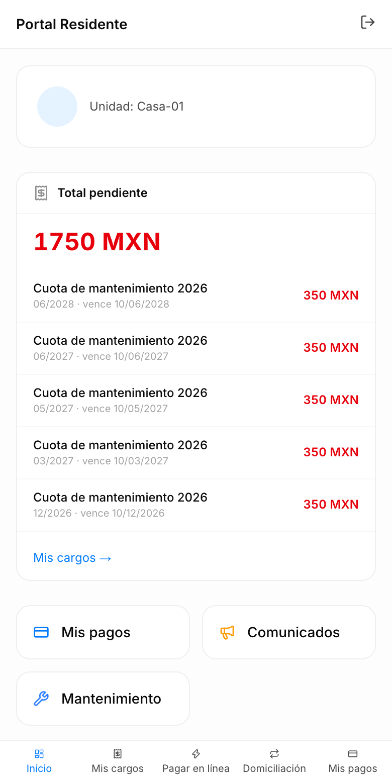 Portal del residente en el celular: unidad, total pendiente y cargos con vencimiento