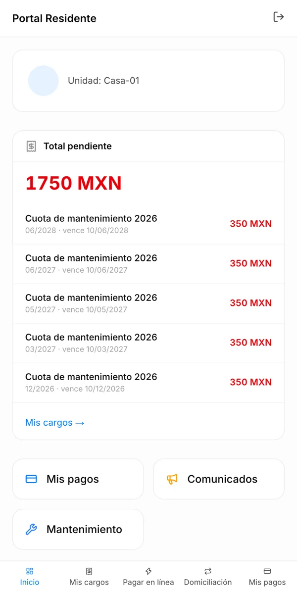 Portal del residente en el celular: unidad, total pendiente y cargos con vencimiento